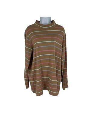 Lands End Women's Brown Striped Long-Sleeve Cotton Turtleneck Top Size 2X